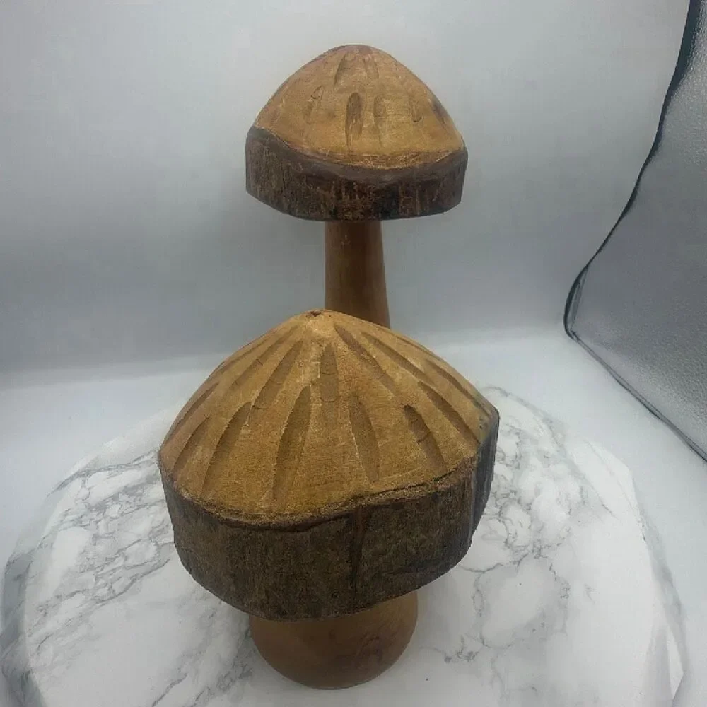 MCM Wooden Mushroom Figurine Sculptures- Set of 2